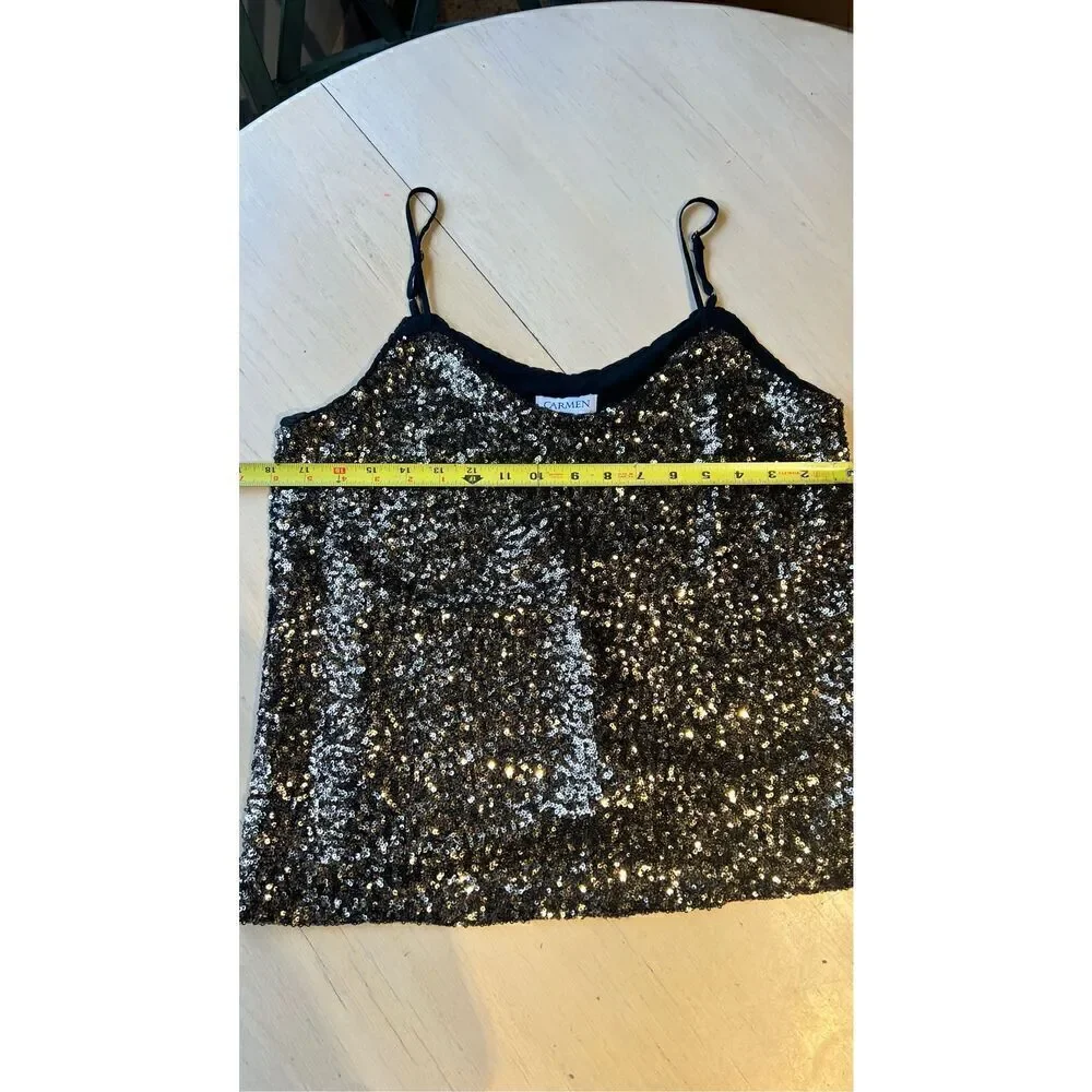 Carmen Marc Valvo Black Gold Sequin Spaghetti Strap Camisole Blouse SZ S (4/6) - Picture 6 of 9